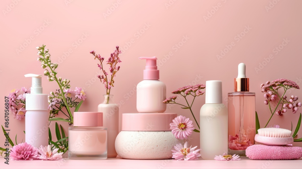 A close-up of organic skincare products arranged neatly against a solid pastel background A close-up of organic skincare products arranged neatly against a solid pastel background