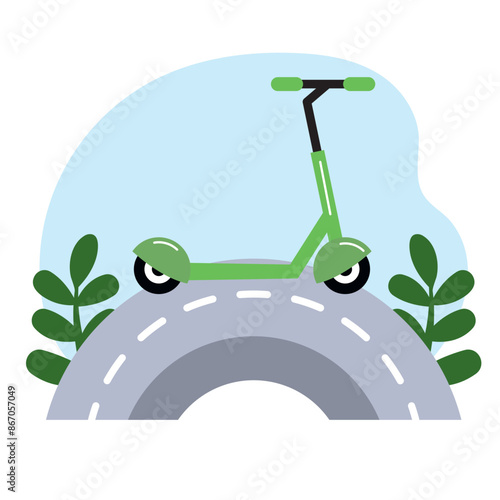 green kick push scooter on road
