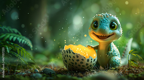 Fototapeta Naklejka Na Ścianę i Meble -  Cute cartoon dinosaur baby hatching from a spotted egg, with a magical and fantasy-themed background