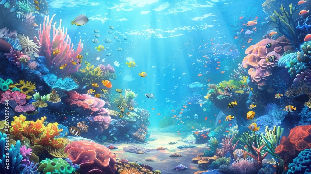 Naklejka premium A captivating underwater scene featuring a thriving coral reef teeming with colorful fish and marine life. Generative AI