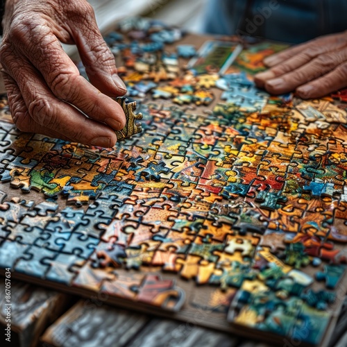 An individual in a state of focused concentration, working diligently on a complex puzzle, fully immersed in the task. 