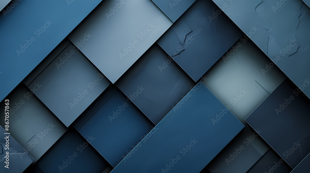 Fototapeta premium Abstract geometric pattern with overlapping blue tiles in varying shades, creating a textured and modern aesthetic.