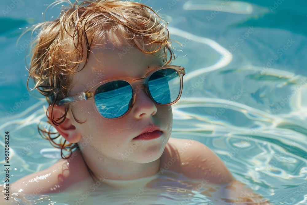 Naklejka premium Young boy is having fun swimming and playing in a pool on a sunny summer day