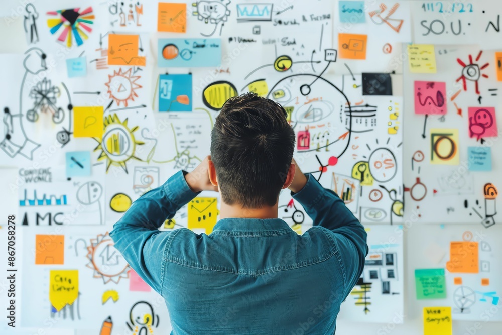 A man stands in front of a wall covered in brainstorming notes, feeling overwhelmed. A man stands in front of a wall covered in brainstorming notes, feeling overwhelmed.