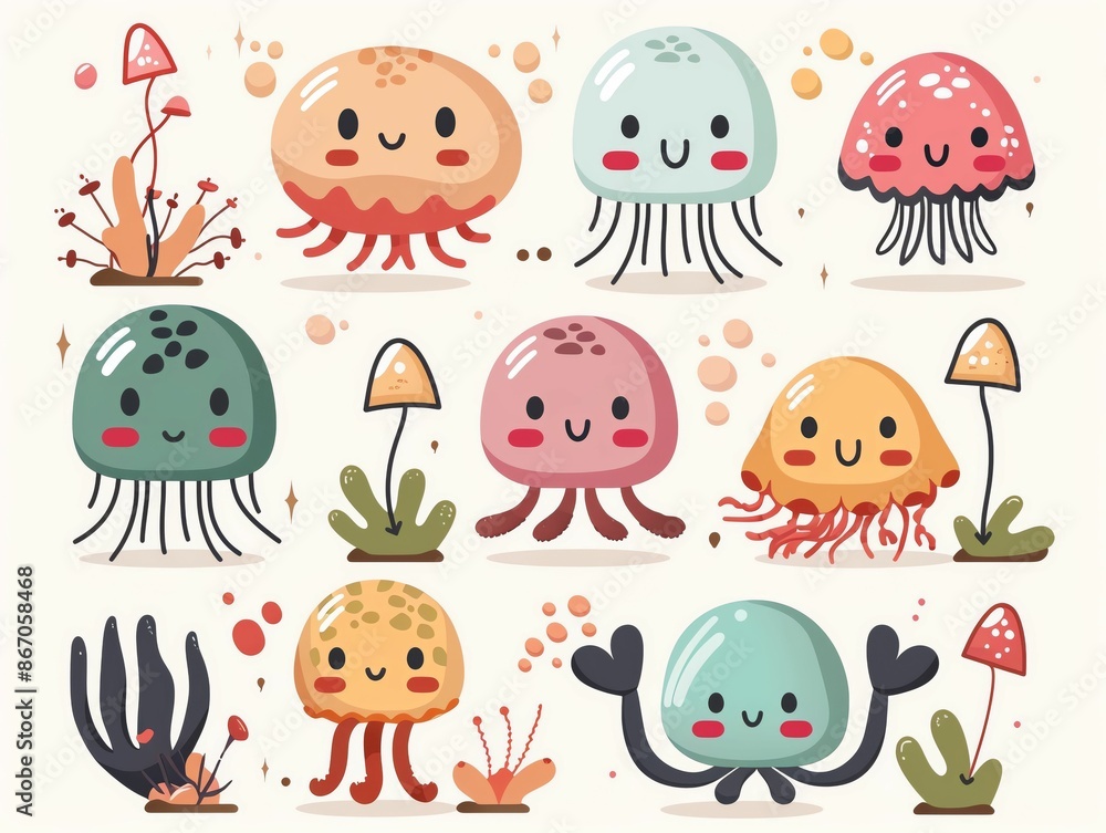 Cute cartoon jellyfish and mushrooms with happy faces in a whimsical illustration. Cute cartoon jellyfish and mushrooms with happy faces in a whimsical illustration.