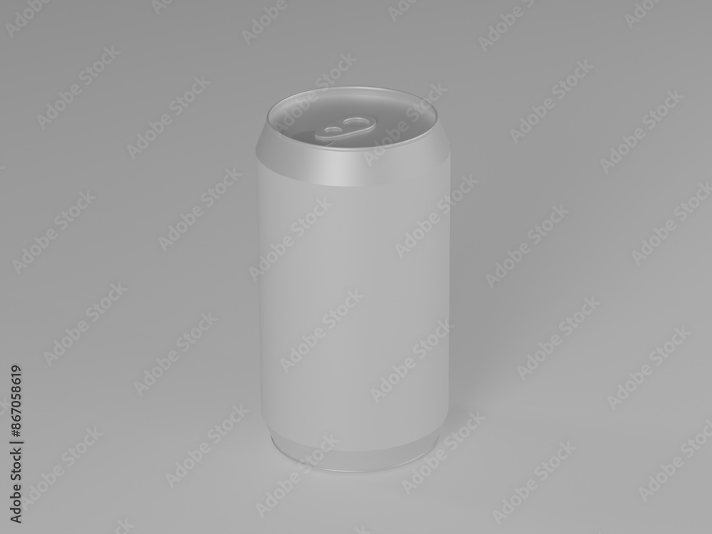 A plain chrome and white beverage can in the middle against a gray background. A plain chrome and white beverage can in the middle against a gray background.