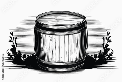 Old Engraving Style Small Beer Barrel with Plants