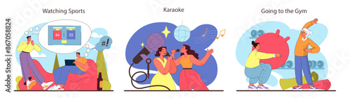 Friends activities set. Groups enjoy varied pastimes, from intense sports viewing and vibrant karaoke singing to fitness workouts.