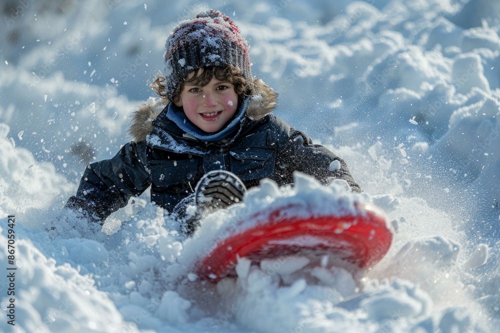 Young boy having fun sledding down a snowy hill on a winter day Young boy having fun sledding down a snowy hill on a winter day