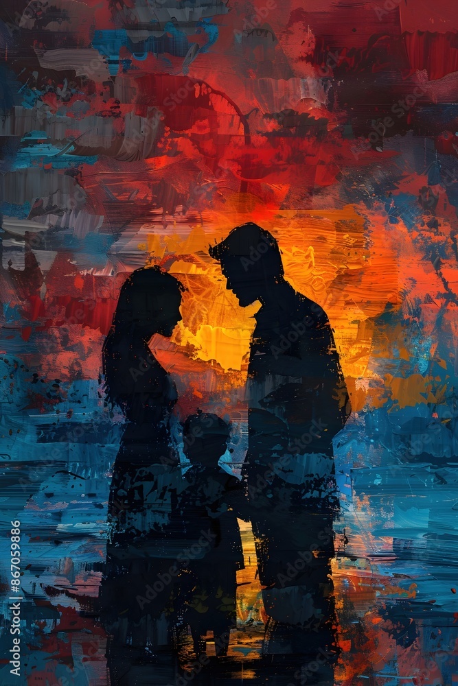 Obraz premium Stylized Family Portrait Framed Against a Vibrant Impressionistic Sunset Landscape