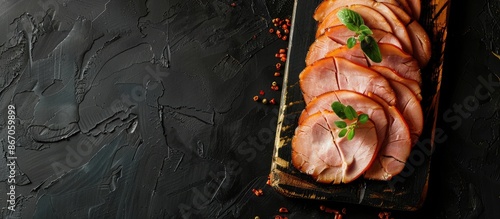 Sliced smoked pork ham on wooden tray against black background, viewed from above with space for text.