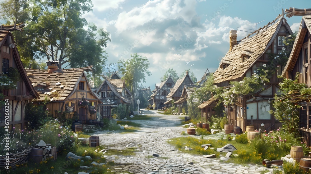 Naklejka premium Immersive Medieval Village Experience Through Virtual Reality Headset