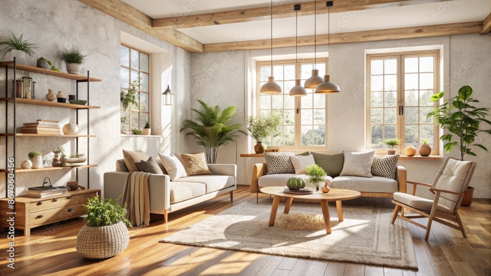 Fototapeta premium Bright airy Scandinavian-inspired Japandi living room with creamy plaster walls, reclaimed wood accents, and warm natural light flooding in.