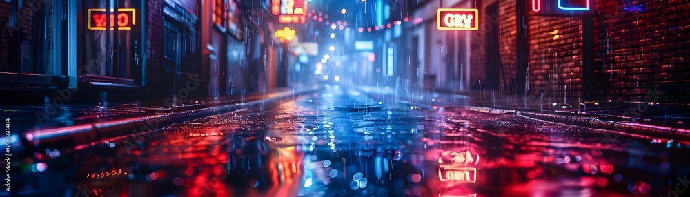 Fototapeta premium Moody and Atmospheric Rainy Alleyway with Neon Lights and Reflections on Wet Pavement