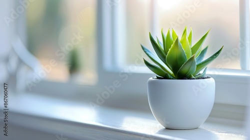 A colorful flower in a pot brightens up a sunny windowsill photo