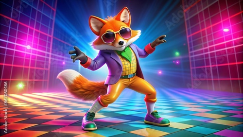 Vibrant orange fox in flashy retro attire, platform shoes, and oversized sunglasses busts a move on a colorful dance floor. photo