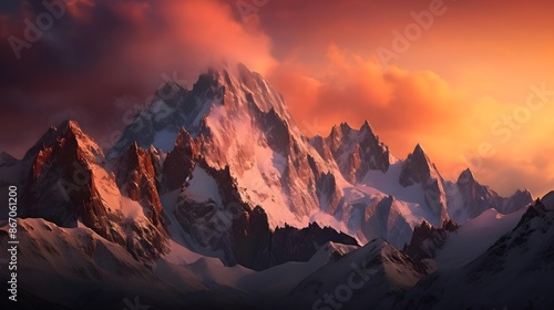 Beautiful panoramic view of the snowy mountains at sunset.