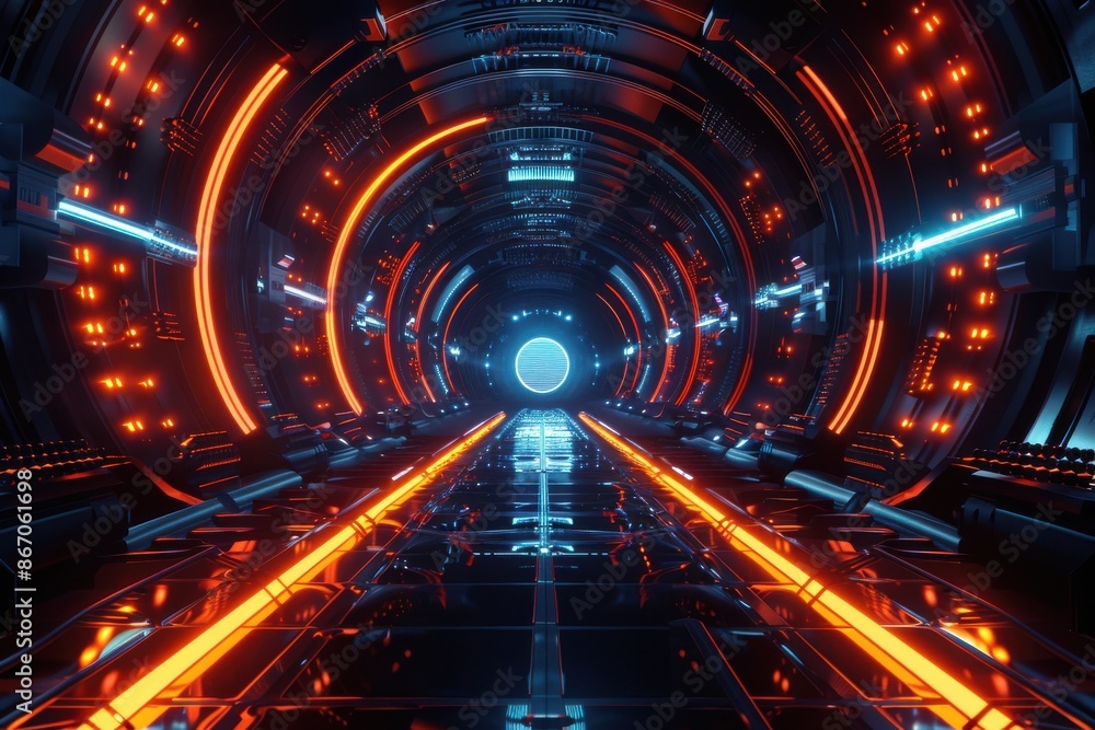 Futuristic Sci-Fi Corridor with Neon Lights and Glowing Panels. Spaceship, Cyberpunk, or Metaverse Concept. Futuristic Sci-Fi Corridor with Neon Lights and Glowing Panels. Spaceship, Cyberpunk, or Metaverse Concept.