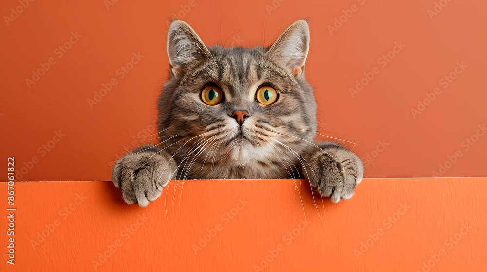 Portrait of a cat Scottish Straight with a banner in paws on a orange background. Portrait of a cat Scottish Straight with a banner in paws on a orange background.