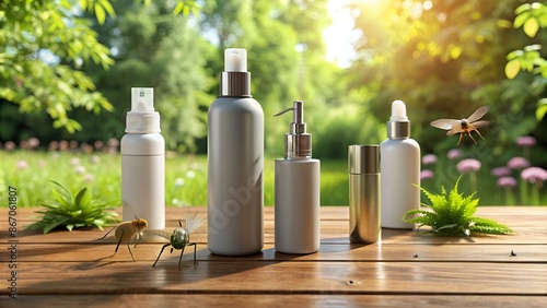Set of insect repellent products on the wooden table, 3D rendering photo