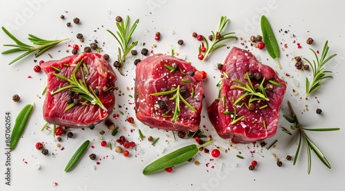Three Raw Beef Steaks With Rosemary and Peppercorns on White Background