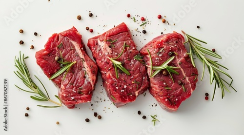 Three Raw Beef Steaks With Rosemary and Peppercorns on White Background