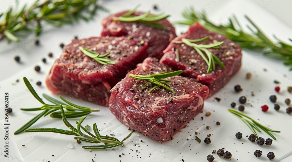Three Raw Beef Steaks With Rosemary and Peppercorns on White Background Three Raw Beef Steaks With Rosemary and Peppercorns on White Background