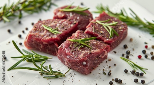Three Raw Beef Steaks With Rosemary and Peppercorns on White Background