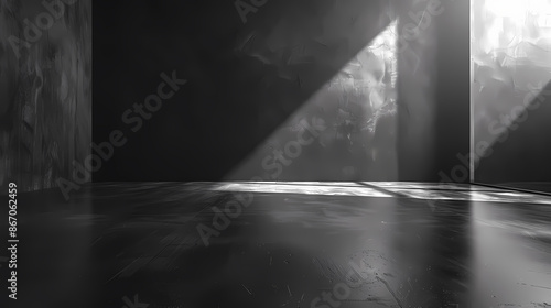 Mysterious dark room with wooden floors and sunbeams streaming through high windows, casting dramatic shadows.