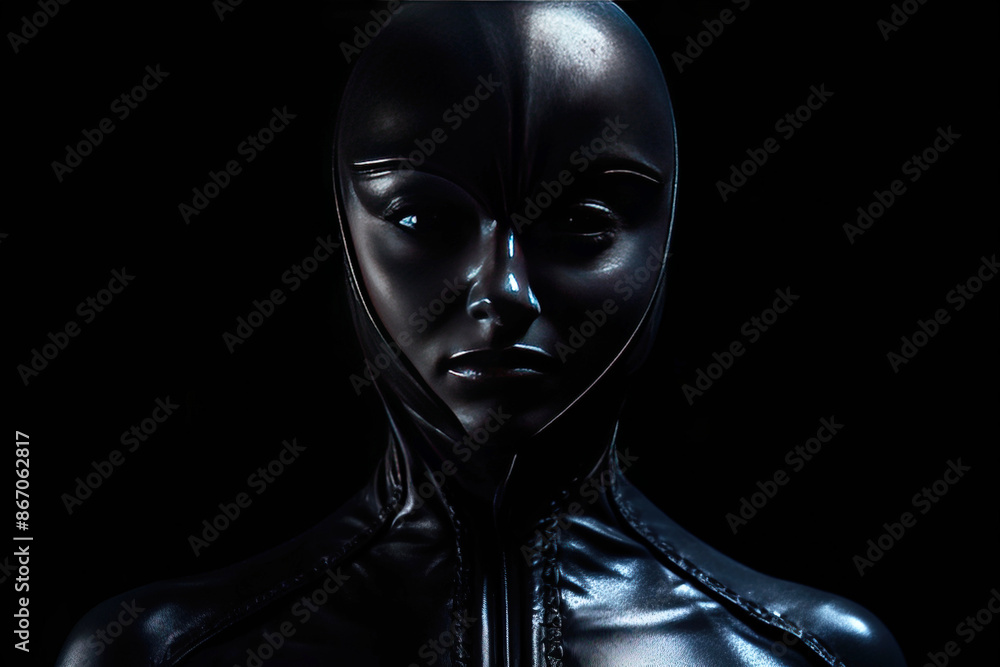 Sexy female face in fancy latex costume. Fetish model in black glamorous dominant. AI generated. Sexy female face in fancy latex costume. Fetish model in black glamorous dominant. AI generated.