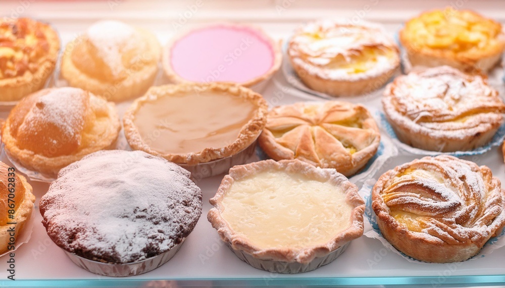 Variety of pies in a display window for sale; delicious, tasty gourmet pastries close up with selective focus Variety of pies in a display window for sale; delicious, tasty gourmet pastries close up with selective focus