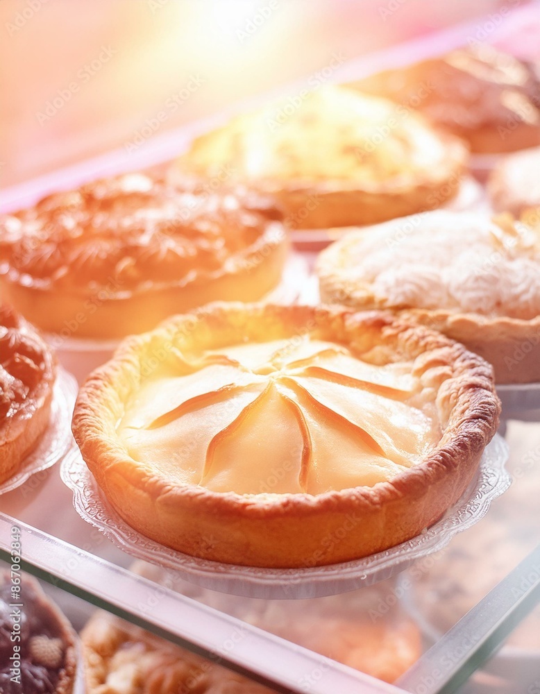 Variety of pies in a display window for sale; delicious, tasty gourmet pastries close up with selective focus Variety of pies in a display window for sale; delicious, tasty gourmet pastries close up with selective focus