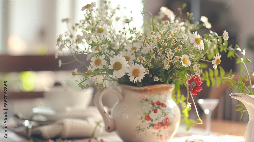 A whimsical arrangement of Queen Annes lace poppies and daisies set in an antique milk jug adding a rustic touch to the dining table. A whimsical arrangement of Queen Annes lace poppies and daisies set in an antique milk jug adding a rustic touch to the dining table.
