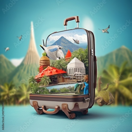 Opened suitcase with travel destination object for travel tourism poster