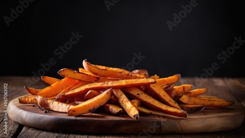 Golden Crisp Delicious Sweet Potato Fries on Wooden Plank photo