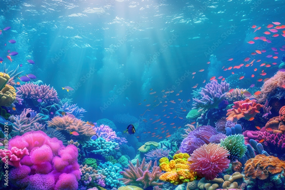 Naklejka premium An underwater scene showcasing a diverse and vibrant coral reef, teeming with colorful fish and sea creatures. Generative AI
