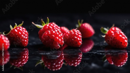 Minimalist Raspberry Serenity, Red Berries with White Reflections