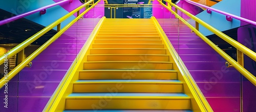 Scandinavian stairs in bright yellow with neon purple accents, surrounded by sleek metal railings