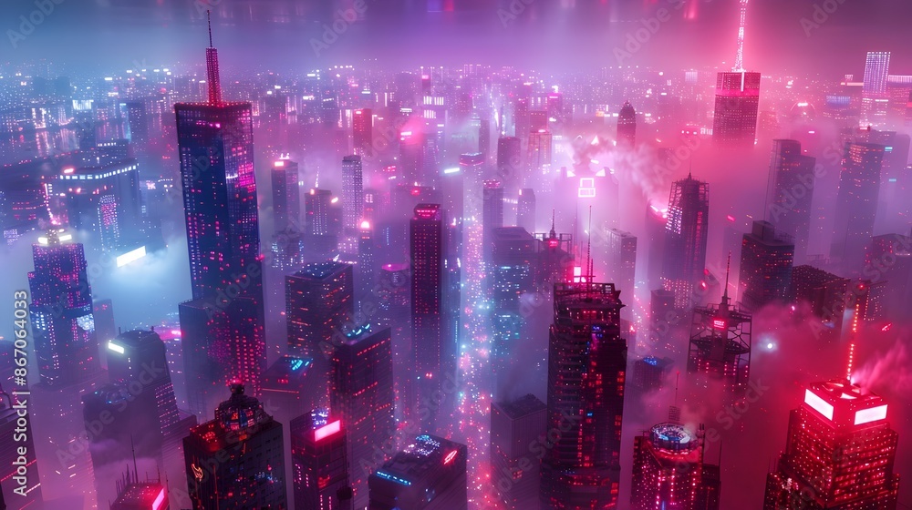 Futuristic Neon Lit Metropolis at Night with Towering Skyscrapers and Vibrant Cityscape