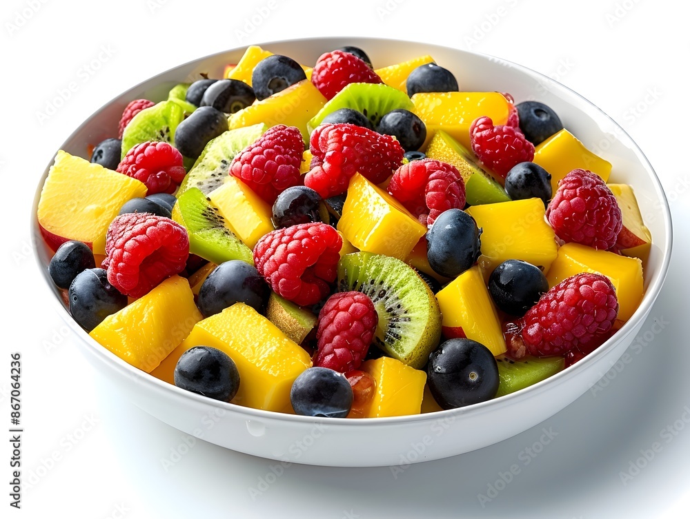 Vibrant Fruit Salad Bowl with Berries Kiwi and Mango on White Background Vibrant Fruit Salad Bowl with Berries Kiwi and Mango on White Background