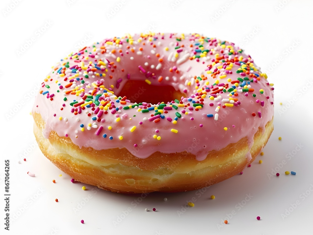 A Classic Donut with Pink Icing and Colorful Sprinkles Isolated on White Background A Classic Donut with Pink Icing and Colorful Sprinkles Isolated on White Background