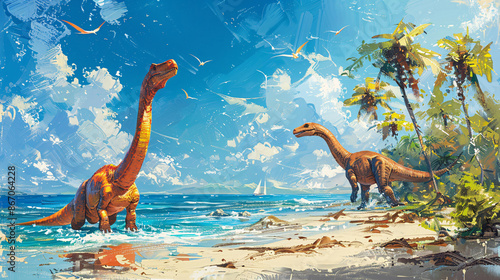 Fototapeta Naklejka Na Ścianę i Meble -  Lovely and naive-style dinosaurs enjoying a sunny day at the beach, painted in vibrant colors
