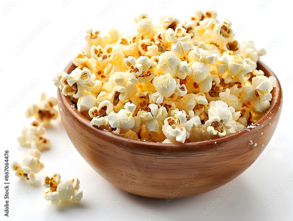 Appetizing Golden Popcorn Kernels in Ceramic Bowl on White Background Appetizing Golden Popcorn Kernels in Ceramic Bowl on White Background