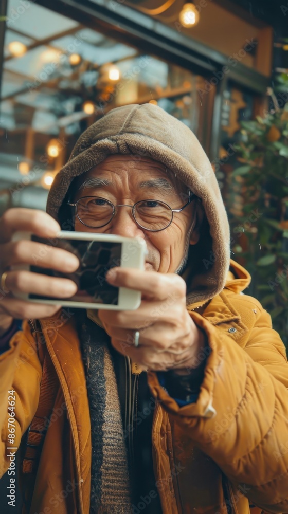 Obraz premium Senior man using smartphone outside