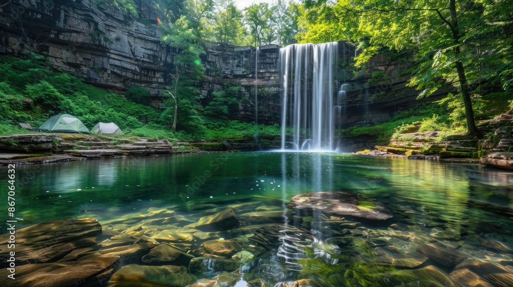 A scenic campsite with a view of a majestic waterfall cascading into a clear pool, surrounded by lush greenery. A scenic campsite with a view of a majestic waterfall cascading into a clear pool, surrounded by lush greenery.