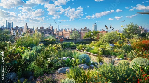 A scenic rooftop park with panoramic views of the city, featuring native plants and bird habitats.