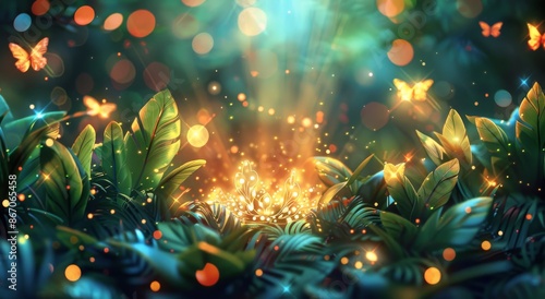 Golden Glowing Mushrooms Surrounded by Green Leaves and Butterflies in a Magi...
