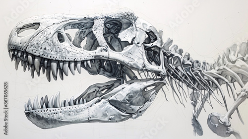 Fototapeta Naklejka Na Ścianę i Meble -  Realistic and detailed drawing of dinosaur skeletons, highlighting their unique features, on a white background