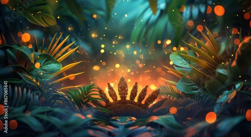 Golden Glowing Mushrooms Surrounded by Green Leaves and Butterflies in a Magi...