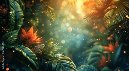 Golden Glowing Mushrooms Surrounded by Green Leaves and Butterflies in a Magi...